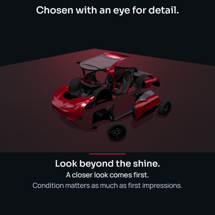 Illustrative red car assembling from separated parts. Look beyond the shine. Details make the difference. Find your kind of comfort. Your taste. Your next car.